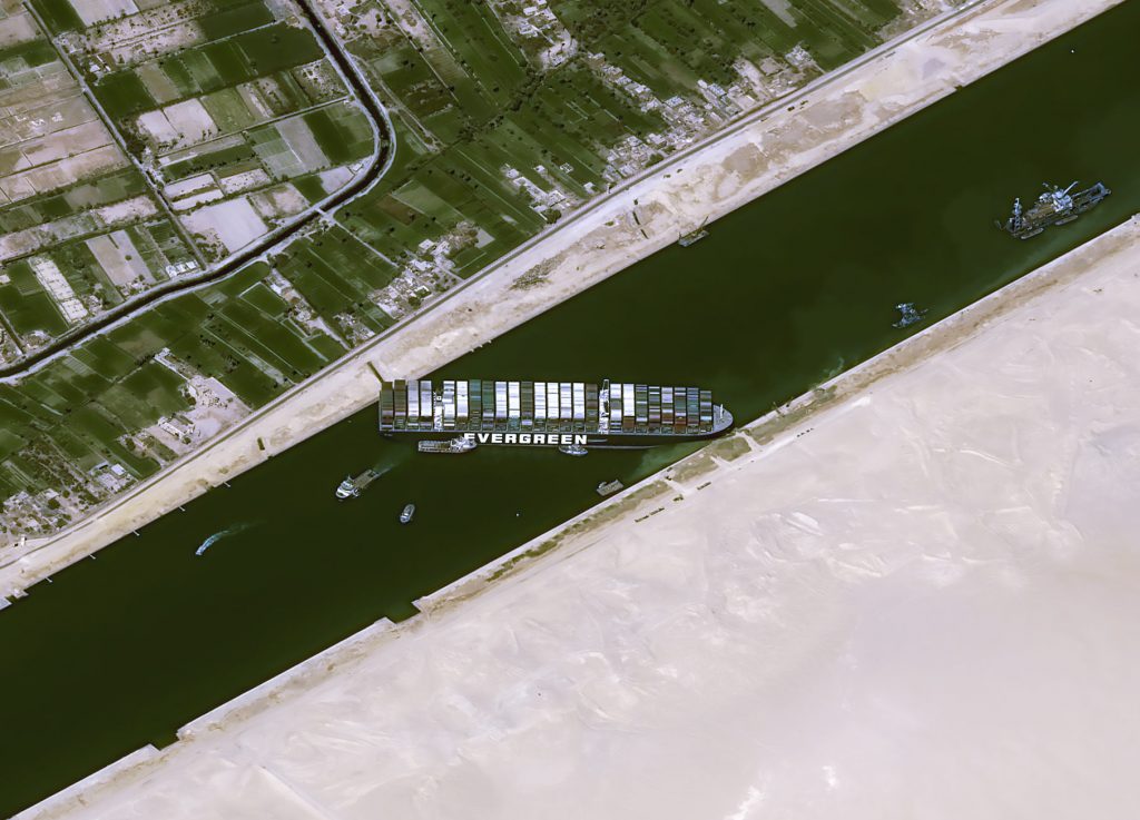 Satellite image shows stranded container ship Ever Given after it ran aground in Suez Canal