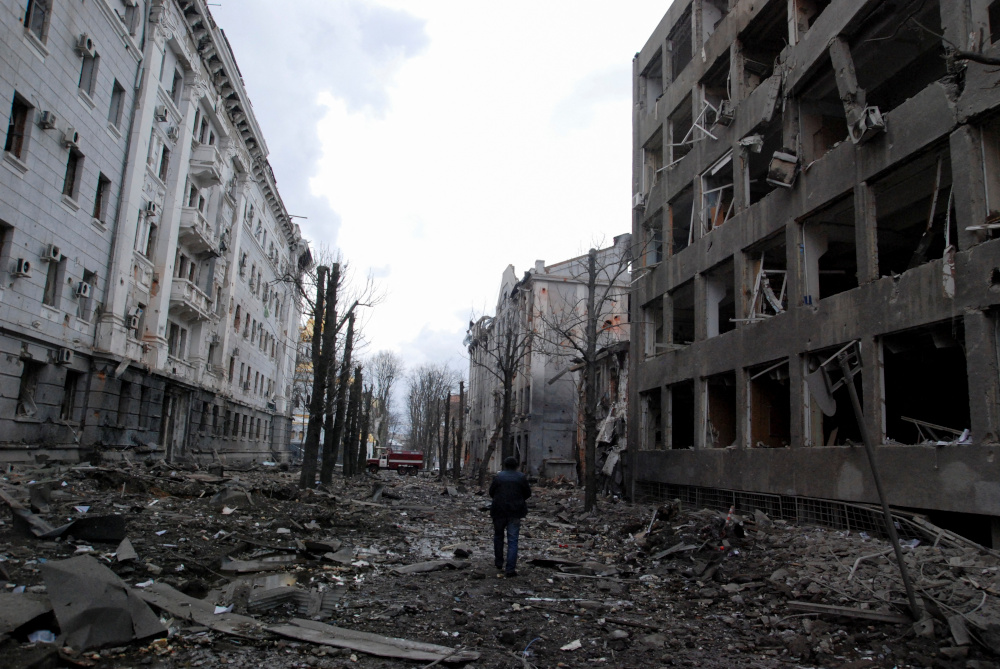A view shows buildings damaged by recent shelling during Russia's invasion of Ukraine in Kharkiv, Ukraine, March 8, 2022. REUTERS/Oleksandr Lapshyn
