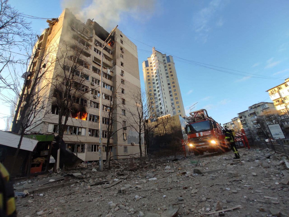 A view shows a residential building damaged by shelling, as Russia's attack on Ukraine continues, in Kyiv, Ukraine, in this handout picture released March 16, 2022.  Press service of the State Emergency Service of Ukraine/Handout via REUTERS ATTENTION EDITORS - THIS IMAGE HAS BEEN SUPPLIED BY A THIRD PARTY.