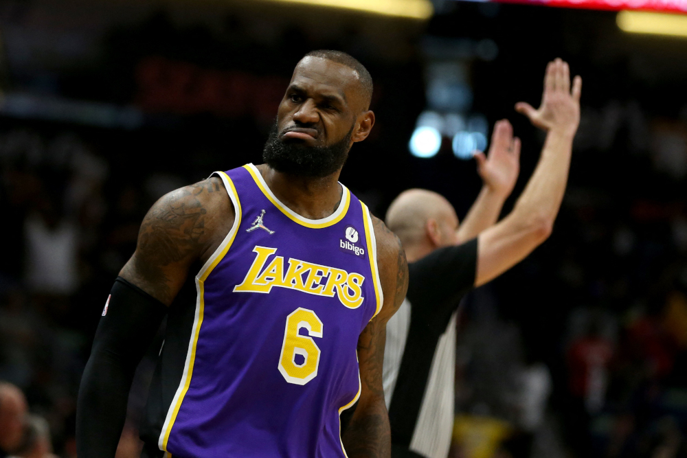Mar 27, 2022; New Orleans, Louisiana, USA; Los Angeles Lakers forward LeBron James (6) reacts toward the fans after making a 3-point field goal in the first quarter against the New Orleans Pelicans at the Smoothie King Center. Mandatory Credit: Chuck Cook-USA TODAY Sports