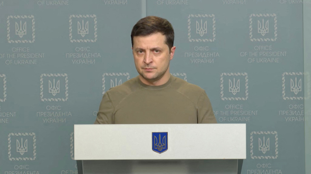 Ukrainian President Volodymyr Zelenskiy speaks at a news briefing in Kyiv, Ukraine, February 24, 2022. Ukrainian Presidential Press Service/Handout via REUTERS ATTENTION EDITORS - THIS IMAGE WAS PROVIDED BY A THIRD PARTY.