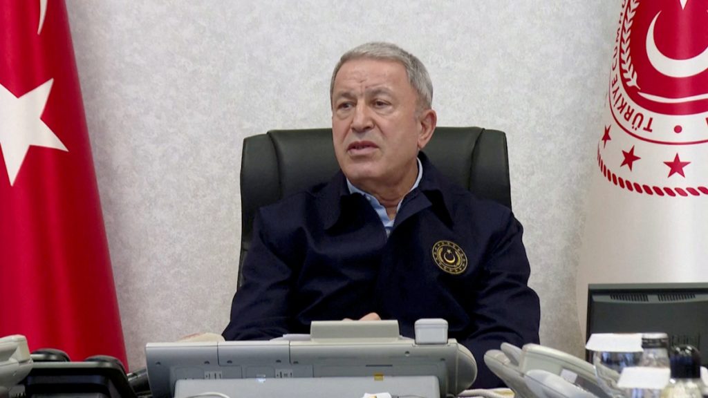 Turkish Defence Minister Hulusi Akar speaks dring a meeting with military personnel at a command center, in Ankara, Turkey, in this still image taken from a handout video released April 18, 2022. Turkish Defence Ministry/Handout via REUTERS    THIS IMAGE HAS BEEN SUPPLIED BY A THIRD PARTY  NO RESALES. NO ARCHIVES
