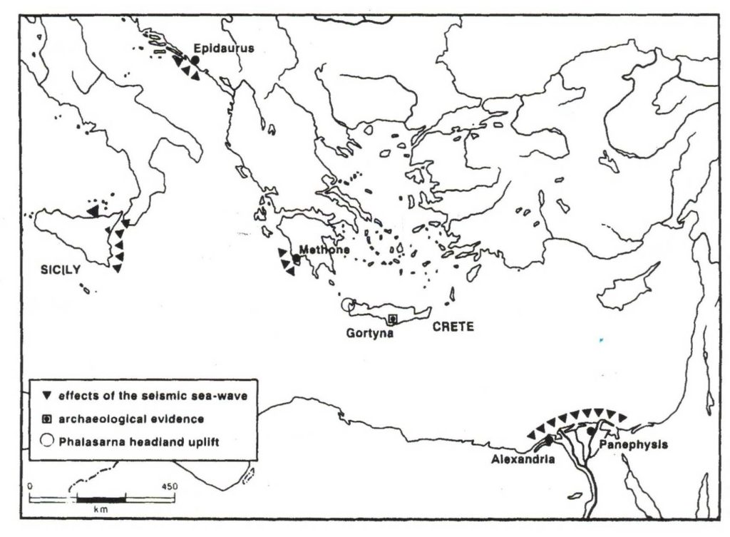 Εικ.2 Πληγείσες περιοχές από σεισμό και τσουνάμι (21.07.365μ.Χ.) Πηγή Εθνικό Ινστιτούτο Γεωφυσικής Ρώμης
