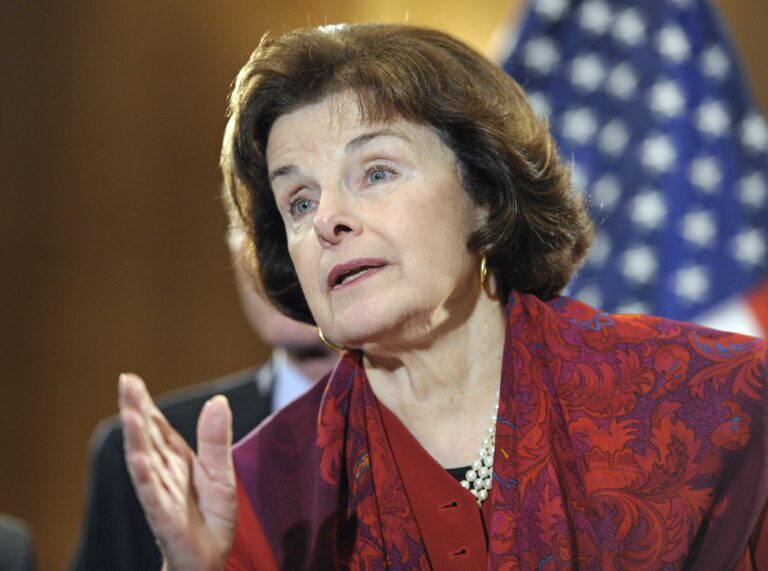 FILE - Sen. Dianne Feinstein, D-Calif..,announces the introduction of a Senate bill to repeal the Defense of Marriage Act, Wednesday, March 16, 2011, on Capitol Hill in Washington. After Feinstein, the nation’s oldest sitting U.S. senator, died at age 90, LGBTQ+ leaders are lauding her as a longtime friend dating to a time when not many could be found. (AP Photo/Cliff Owen, File)