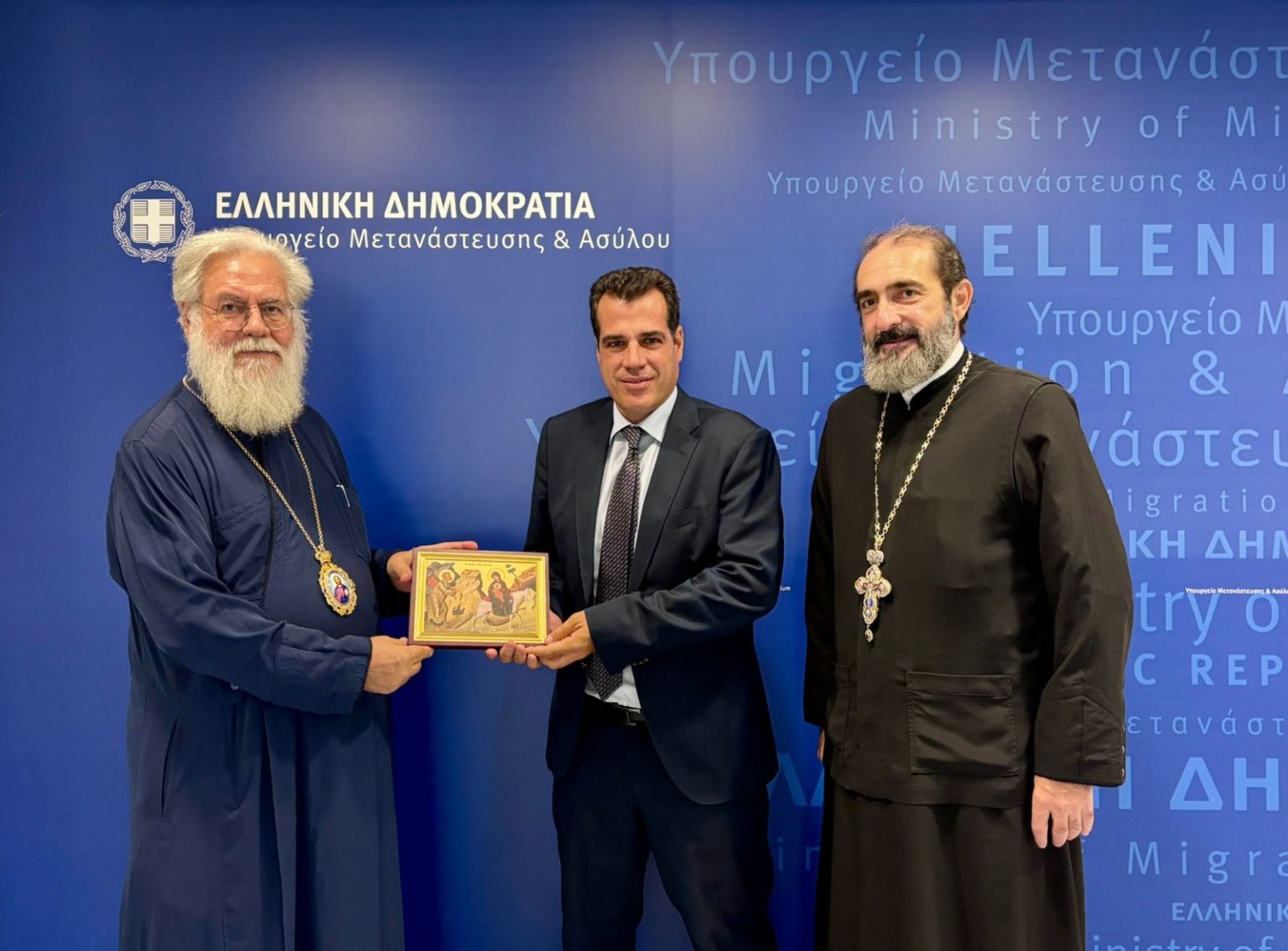 Συνάντηση Θάνου-Πλεύρη-με-Μητροπολίτη-Ιλίου-και-Αρχιμανδρίτη-Παντελεήμονα-Παπασυννεφάκη