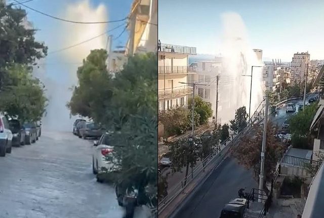 Στον-δεύτερο-όροφο-πολυκατοικίας-έφτασε-ο-πίδακας-νερού-από-σπασμένο-αγωγό-στο-Κερατσίνι-–-Δείτε-βίντεο