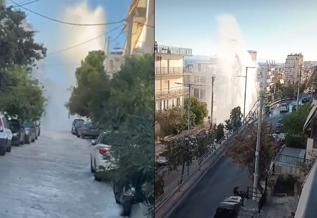 Στον-δεύτερο-όροφο-πολυκατοικίας-έφτασε-ο-πίδακας-νερού-από-σπασμένο-αγωγό-στο-Κερατσίνι-–-Δείτε-βίντεο