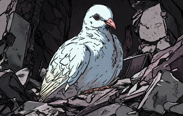 Με-ένα-λευκό-περιστέρι-μέσα-στα-ερείπια-λέει-«καλημέρα»-ο-Αρκάς