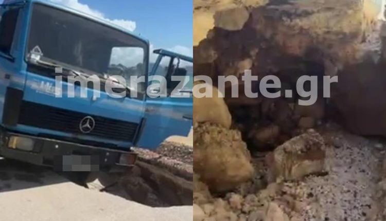 Καθίζηση-στον-Άγιο-Σώστη-Ζακύνθου:-Στον-«αέρα»-φορτηγό-μετά-την-υποχώρηση-του-δρόμου