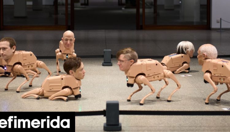 Ρομποτικά-σκυλιά-με-κεφάλια-του-Μασκ,-του-Μπέζος-και-του-Ζούκερμπεργκ,-σε-δυστοπική-έκθεση-στο-Βερολίνο-Βίντεο,-φωτογραφίες