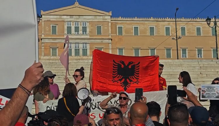 Διαμαρτυρία-Αλβανών-στο-Σύνταγμα-με-συνθήματα,-πλακάτ-και-φλαμίνγκο-–-Ξεπουλάνε-τη-γη-μας-σε-ολιγάρχες