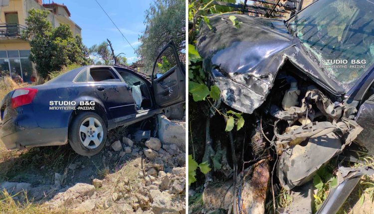 Σοβαρό-τροχαίο-στο-Ναύπλιο:-Αμάξι-«καρφώθηκε»-σε-μάντρα-και-καγκελόπορτα-–-Πέντε-τραυματίες