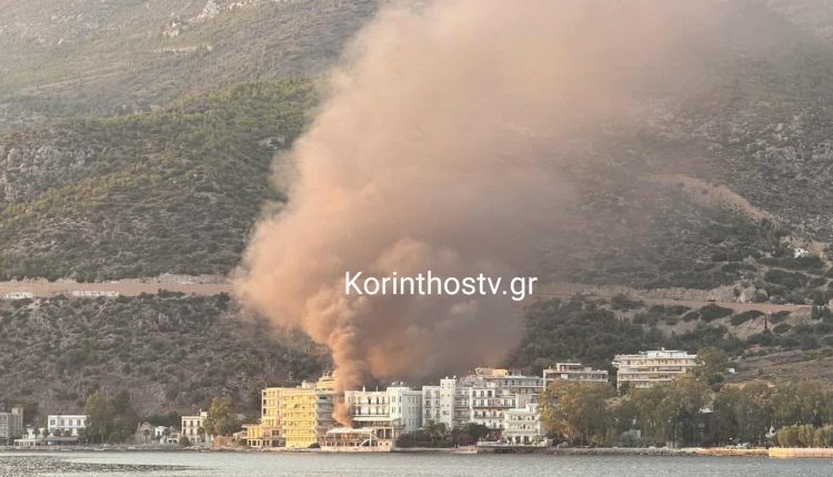Σε-ύφεση-και-χωρίς-ενεργές-εστίες-η-μεγάλη-πυρκαγιά-στο-εγκαταλελειμμένο-ξενοδοχείο-στο-Λουτράκι